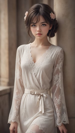 Sharp eyes woman, elegant dress with lace belt, beautifully fantastic face, Caucasian, beautiful look, detailed hair, ultra Focus, finely detailed with life-like precision, mastery of the 1:1 technique, delicate skin textures, vibrant yet subtle color palette, gentle play of natural light reflecting on the subject's visage, enveloped in a serene background that accentuates the figure, highly detailed, ultra realistic, full body shot, divine proportion, perfect aspect ratio.,cute cen04