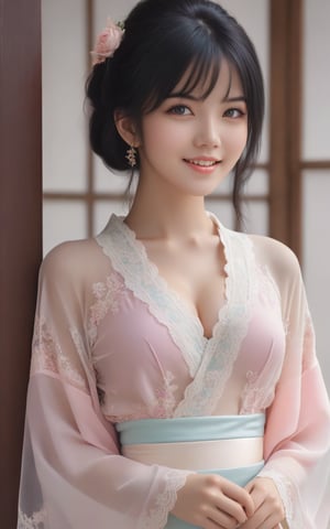 Realistic, (masterpiece, best quality), (intricate details), unity 8k wallpaper, ultra detailed, pretty woman, black hair, looking at camera, smiling and posing, (pastel colors:1.3), (lace) underwear and corset, beautiful and aesthetic, 1girl, detailed, solo, Victorian mansion,see-through kimono,CCENN,Innocent girls,Beautiful eyes girl,Ycen