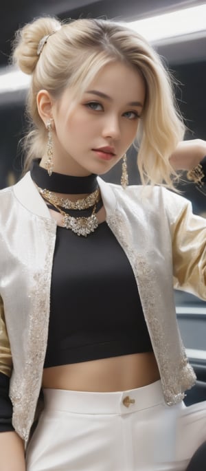 Generate hyper realistic image of a woman with long, blonde hair styled into elegant twintails, adorned with exquisite jewelry. She wears a fashionable jacket over a chic crop top, showcasing her midriff with confidence. With her eyes closed in serene contemplation, she holds a smartphone in one hand, her other hand adorned with sparkling earrings. The indoor setting provides a backdrop of sophistication, while her stylish pants complete the ensemble.,cen q,Innocent girls,cen cute