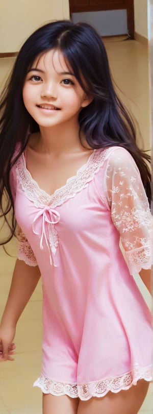 1girl, 16 years old, solo, full body, looking at the audience, long black hair, long hair flowing in the wind, pink one-piece lace blouse, innocent smile, big black eyes, in a brightly lit room, spinning around happily, barefoot,woman,More Reasonable Details,CCENN,Ycen,cenn,Beautiful eyes girl