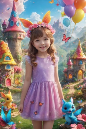 colorful and cute theme, a 18 yo girl, cute, innocent, rosy cheeks, floral dress, (sparkling headdress: 1.2), wand, (talking animal companion: 1.3), magical forest, colorful butterflies, magical creatures, (friendly dragon: 1.1), castle, rainbow, (floating fairy: 1.1), (huge lollipop: 0.9), (candy house: 1.2), (wishing well: 1.1), sparks, Happiness, Adventure (Storybook: 1.1), Fantasy, Fantasy, and Fantastic (Ray Tracing, HDR, Illusory Rendering, Reasonable Design, High Detail, Masterpiece, Best Quality, Ultra high Definition),kid_backdrop,cenn