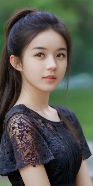 ((Generate hyper realisticimage of a stunning  20 year old girl,)) rich intrincate detailed, black lace dress, long dark hair in a ponytail, meaningful colors,16k resolution, masterpiece, highly complex setting,dynamic lighting, breathtaking, lovely photography style, Extremely Realistic,微笑女孩,cute,qcen