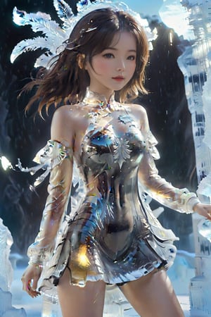 full body, 1 beauty girl, solo, dynamic pose, Ice Dress,cenn,Ycen,Real photo, Douluo Continent's Haotian Hammer, in the form of a gas that emits golden light (illusory and transparent), appears behind a 16-year-old girl in a fighting style. The girl gathers gas in her hand and emits a faint thunderous light.,Beautiful eyes girl,more detail XL