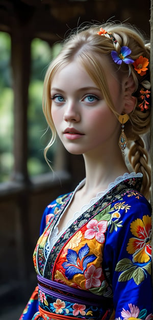 (Beautiful German girl),beautiful blonde hair,beautiful blue iris, wearing a Baroque-style dirndl with vibrant colors, infused with Japanese elements. The dress combines intricate lace and embroidery with colorful kimono-inspired patterns. A wide obi belt cinches her waist, while puffed sleeves and delicate accessories complete the look, showcasing a striking fusion of cultures.,ct-drago,cenn,Ycen