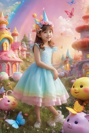 colorful and cute theme, a 16 yo girl, cute, innocent, rosy cheeks, floral dress, (sparkling headdress: 1.2), wand, (talking animal companion: 1.3), magical forest, colorful butterflies, magical creatures, (friendly dragon: 1.1), castle, rainbow, (floating fairy: 1.1), (huge lollipop: 0.9), (candy house: 1.2), (wishing well: 1.1), sparks, Happiness, Adventure (Storybook: 1.1), Fantasy, Fantasy, and Fantastic (Ray Tracing, HDR, Illusory Rendering, Reasonable Design, High Detail, Masterpiece, Best Quality, Ultra high Definition),kid_backdrop,cenn