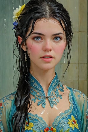 (Wet clothes, wet hair, wet, wet face, wet skin, :1.4), (Beautiful German girl), (More detailed definition of face and eyes), (Real and detailed skin texture), (Extremely clear image, Ultra high definition, similar to realistic professional photos, film grain), beautiful black hair, beautiful blue irises, wearing a brightly colored baroque style lace transparent dress, infused with Chinese classical elements. This sheer dress combines intricate lace and embroidery with colorful Hanfu-style patterns. Exquisite accessories complete the look, displaying a stunning cultural fusion.
, wet clothes, wet clothes, wet hair, visual animation, art_booster, anime_screencap, fake_screenshot, anime coloring,CCENN,Ycen,Beautiful eyes girl