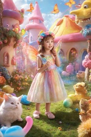 colorful and cute theme, a little girl, cute, innocent, rosy cheeks, floral dress, (sparkling headdress: 1.2), wand, (talking animal companion: 1.3), magical forest, colorful butterflies, magical creatures, (friendly dragon: 1.1), castle, rainbow, (floating fairy: 1.1), (huge lollipop: 0.9), (candy house: 1.2), (wishing well: 1.1), sparks, Happiness, Adventure (Storybook: 1.1), Fantasy, Fantasy, and Fantastic (Ray Tracing, HDR, Illusory Rendering, Reasonable Design, High Detail, Masterpiece, Best Quality, Ultra high Definition),kid_backdrop,cenn