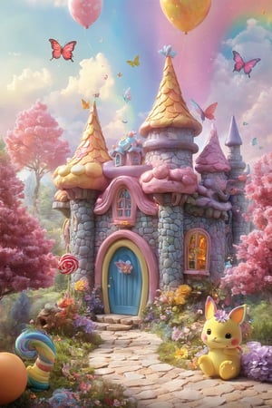 colorful and cute theme, a 16 yo girl, cute, innocent, rosy cheeks, floral dress, (sparkling headdress: 1.2), wand, (talking animal companion: 1.3), magical forest, colorful butterflies, magical creatures, (friendly dragon: 1.1), castle, rainbow, (floating fairy: 1.1), (huge lollipop: 0.9), (candy house: 1.2), (wishing well: 1.1), sparks, Happiness, Adventure (Storybook: 1.1), Fantasy, Fantasy, and Fantastic (Ray Tracing, HDR, Illusory Rendering, Reasonable Design, High Detail, Masterpiece, Best Quality, Ultra high Definition),kid_backdrop,cenn