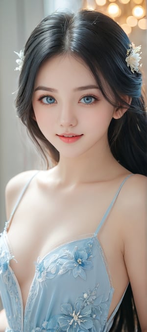 Beautiful soft light, (beautiful and delicate eyes), very detailed, pale skin, (long hair), (soft black hair), dreamy, ((frontal shot)), full body shot,  blue eyes, Soft expression, bright smile, art photography, fantasy, shy, cute, soft image, masterpiece, ultra high resolution, color, highly detailed, soft lighting, detail, ultra high definition, 8k, highest quality, (pose) , girl, true, wonder of art and beauty, illustration,
Soft spaghetti strap dress, hubg_mecha_girl,cen q,Beautiful eyes girl