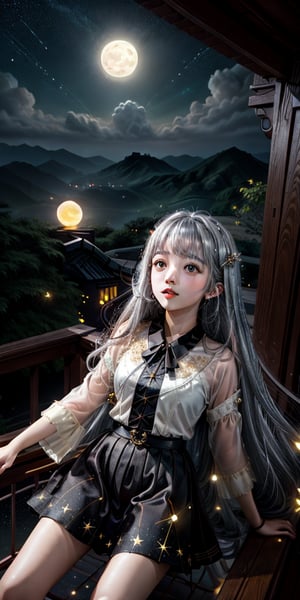 a cute korean large-eyed girl, open legs, bangs, 
fantasy,((sky walk)),Princess,starry sky,big moon,((from top)),((foreshortening)),detailed and intricate, silver hair, absurdly long hair,long messy hair, 
masterpiece, best Quality, Tyndall effect, good composition, highly details, warm soft light, three-dimensional lighting, volume lighting, Film lighting,cen