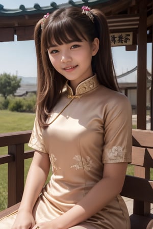 1girl,12 yo, solo, brown hair, brown eyes, long hair, chinese clothes, royal clothes, twintails, outdoor, hair rings, dress, jewelry, bangs, (best quality), (hyperrealistic),S cen,cen0411-01,a smiling girl