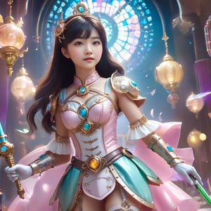 In the movie, a happy and charming Asian girl stands at the center of Disney. She wears a short, bright fantasy steampunk latex costume decorated with intricate armour. Her dynamic pose holding a crystal scepter is inspired by League of Legends. The wide-angle lens captures a dreamlike environment filled with pastel tones. The scene feels like an MMD stage. Vibrant colors are paired with ultra-realistic 16K photography.,cenn,CCENN,Beautiful eyes girl
