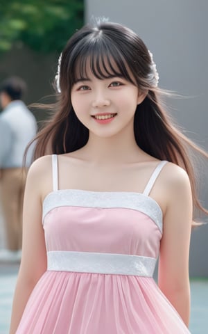(Best Quality, 4k, 8k, HD, Masterpiece: 1.2), Super Detailed, (Photorealistic, Realistic, Realistic: 1.37), 1girl, 16 years old Korean girl, fair skin, solo, looking at the audience, long hair , bangs, black hair, pink dress, smile, (pink and white dress: 1.2), professional photography, cute cen,Beautiful eyes girl