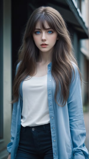 beautiful Anime girl with blue eyes and wavy long hair in a casual clothes, full body, medium shot, mid-shot, in the style of David cronenberg,scary, weird, surprising, realistic, sharp focus, 8k high definition, medium format film photography, photo realistic, insanely detailed, intricate, elegant, art by les edwards and David kostic and stanley lau and artgerm,cen q,Beautiful eyes girl,cute