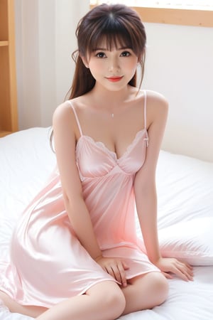  a 16 yo Japanese young woman laying on a bed with a pillow and a cell phone, short dress, wearing a short summer dress, pink silk dress, cute sundress, cute dress, beautiful silky dress, sundress, in a dress, beautiful soft silky dress, flowing dress, soft cute colors, wearing sundress, wearing dress, showing her cleavage, wearing a nightgown, very comfy,More Reasonable Details,CCENN,Ycen,Beautiful eyes girl,score_9,see-through kimono