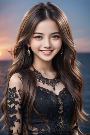 (Top quality, 8K, high resolution, masterpiece), Ultra detailed, (16-year-old korea girl with wild face with perfect details standing on the deck of a cruiser), (Upper body), Natural beautiful white skin, (Placing hands on the railing, squinting and smiling, looking into the distance), Round face, Light makeup, Dark brown eyes with highlights, Lip filler, Gorgeous gold earrings and necklace, Perfect body lines, Detailed glossy lips, ((Blonde mesh hair flowing in the wind)), Wearing a beautiful black dress with details that catch everyone's eye, The sea and sky dyed in a deep red sunset in the background, (Accurate anatomy), Perfect hands, HD, Shallow depth of field,cute cen04,Beautiful eyes girl