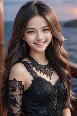 (Top quality, 8K, high resolution, masterpiece), Ultra detailed, (16-year-old korea girl with wild face with perfect details standing on the deck of a cruiser), (Upper body), Natural beautiful white skin, (Placing hands on the railing, squinting and smiling, looking into the distance), Round face, Light makeup, Dark brown eyes with highlights, Lip filler, Gorgeous gold earrings and necklace, Perfect body lines, Detailed glossy lips, ((Blonde mesh hair flowing in the wind)), Wearing a beautiful black dress with details that catch everyone's eye, The sea and sky dyed in a deep red sunset in the background, (Accurate anatomy), Perfect hands, HD, Shallow depth of field,cute cen04,Beautiful eyes girl