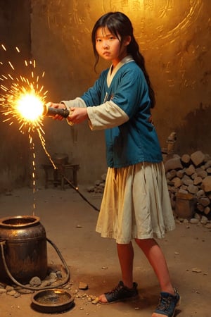 The Haotian Hammer drawn on the Douluo Continent appears in the form of a gas that emits golden light, appearing behind a 16-year-old girl in a fighting style. The girl gathers gas in her hands and emits a faint thunderous light.,cenn,Ycen