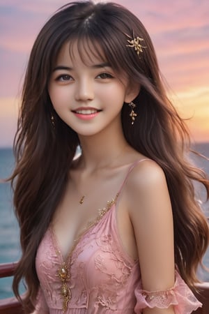 (Top quality, 8K, high resolution, masterpiece), Super detailed, (16-year-old Korean girl with wild face, perfect details, standing on the deck of a cruiser), (Upper body), Naturally beautiful fair skin, (Placement Hands on the railing, squinting smile, looking into the distance), round face, light makeup, dark brown eyes with highlights, lip fillers, gorgeous gold earrings and necklaces, perfect body lines, detailed glossy lips, ((gold Netted hair flowing) in the wind)), wearing a beautiful pink dress, eye-catching details, background dyed crimson sea and sky at sunset, (accurate anatomy), perfect hands, high definition, shallow depth of field, cute cen04, beautiful eyes girl , Ycen