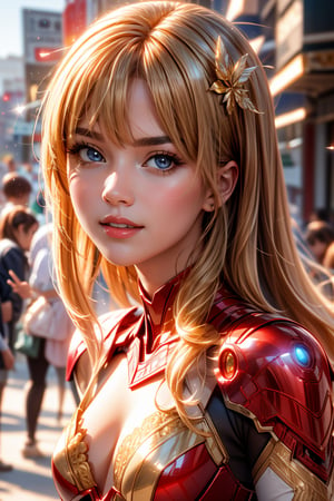 1girl, Gwyneth Paltrow as Ironman (from marvel studios), red Ironman suit (holding your helmet), smile, look at viewer, (masterpiece, best quality, detailed cloth texture, beautiful detailed face, intricate details, ultra detailed), blonde hair, dynamic pose, (random angles), (Best quality, A high resolution, Photorealistic, primitive, buildings destroyed, abstract background, (8K,Masterpiece, ),Best quality, Masterpiec8K.hdr. High ribs:1.2, filmgrain, Blur bokeh:1.2, Lens flare, (vivd colour:1.2), (Delicate),
,1 girl,cute girl,cen