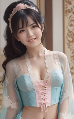 Realistic, (masterpiece, best quality), (intricate details), unity 8k wallpaper, ultra detailed, pretty woman, black hair, looking at camera, smiling and posing, (pastel colors:1.3), (lace) underwear and corset, beautiful and aesthetic, 1girl, detailed, solo, Victorian mansion,see-through kimono,CCENN,Innocent girls,Beautiful eyes girl,Ycen