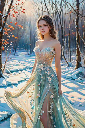 This is a captivating impressionistic oil painting of an 16-year-old girl,see-through elegantly dressed in a whimsical ice-inspired gown. Her eyes sparkle with curiosity, focused on things beyond the viewer's view. The delicate floral details and flowing train of the gown are intricately painted with soft brushstrokes, creating a dreamy, otherworldly atmosphere. The background is a mix of cool tones, and the winter light filtering through the trees gives the entire scene a magical aura.,Ycen,see-through,cute cen,Beautiful eyes girl