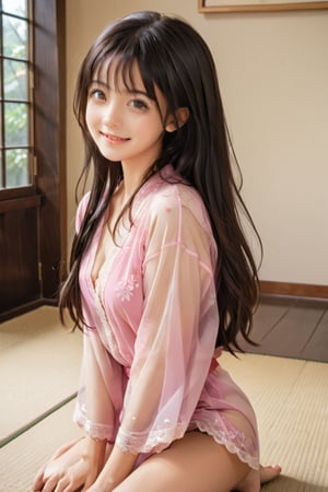 1girl, HD quality,8k,18 years old, solo, full body, looking at the audience, long black hair, long hair flowing in the wind, pink one-piece lace blouse, innocent smile, big black eyes, in a brightly lit room, spinning around happily, barefoot,woman,More Reasonable Details,CCENN,Ycen,cenn,Beautiful eyes girl,see-through kimono,LinkGirl