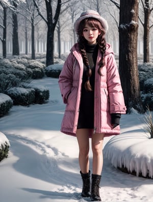 a cute korean large-eyed girl, bangs, long wavy hair, manga style, 
Full body of a realistic sweetness baby girl in winter, with two braids in her long black blonde hair, She is playing in an enchanted winter magic garden. pink colors, pink coat and hat, 
octane rendering, ray tracing, 3d rendering, masterpiece, best Quality, Tyndall effect, good composition, highly details,cen