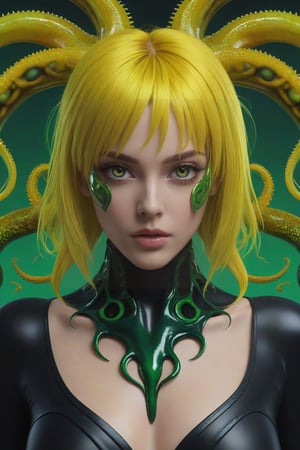 hyper-maximalism, grunge ultra detailed photorealistic dark artistic very aesthetic, ((tia_harribel)) shevenom, green eyes, black sclera. yellow hair, short hair, symbiote tentacles covering face, HDR, 8k, vray