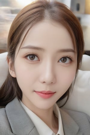 ((masterpiece, Best quality)), Professional lighting, physics-based rendering, very cute, extremely detailed eyes and face, eyes with beautiful details, (beautiful Japanese girl:1.05), Focus of the face, from above, smile, gray suit