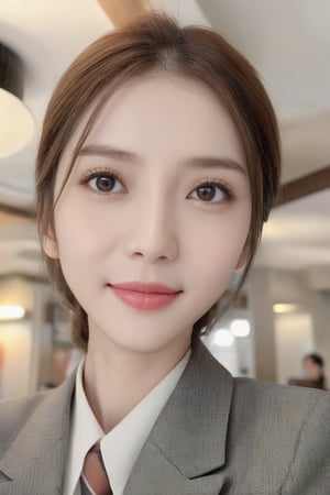 ((masterpiece, Best quality)), Professional lighting, physics-based rendering, very cute, extremely detailed eyes and face, eyes with beautiful details, (beautiful Japanese girl:1.05), Focus of the face, from above, smile, gray suit