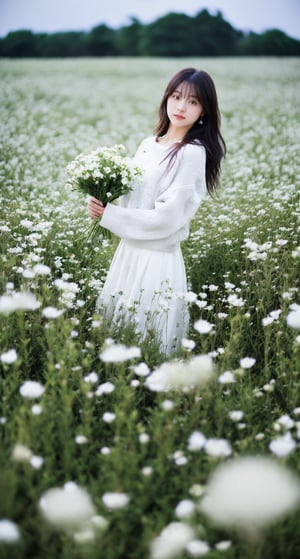 A young woman standing amidst a field of white flowers. She is wearing a brown sweater and a white skirt. She holds a bouquet of white flowers in her hands. The sunlight filters through the background, creating a soft glow. The woman has long, dark hair and is looking directly at the camera.