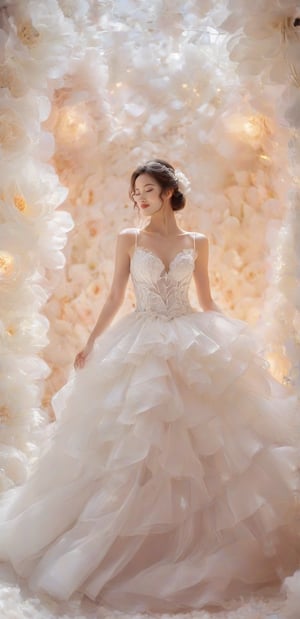 bridal attire,white dress,floral background,elegant,white-on-white,upscale,large flower petals,soft lighting,romantic,dreamy,luxury,detailed gown texture,voluminous skirt,monochromatic palette,subtle makeup,soft-focus background,high-quality image,ethereal,fashion photography,girl