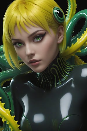 hyper-maximalism, grunge ultra detailed photorealistic dark artistic very aesthetic, ((tia_harribel)) shevenom, green eyes, black sclera. yellow hair, short hair, symbiote tentacles covering face, HDR, 8k, vray