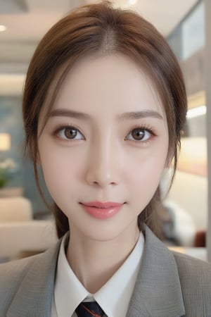 ((masterpiece, Best quality)), Professional lighting, physics-based rendering, very cute, extremely detailed eyes and face, eyes with beautiful details, (beautiful Japanese girl:1.05), Focus of the face, from above, smile, gray suit