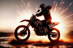 movie cover with action scene, setting and realistic style movie, ultra realistic photo style, without captions or text on the photo, sunset, A guy in an office business suit and a motorcycle helmet does extreme stunts in the mud on a cross bike, many many dirt around, face close-up, (extremely realistic pubic hair:1.7), (high angle shot:1.7), 30-year-old guy, (perfect sculpted cross bike:1.2), (perfect sculpted office business suit:1.2), (perfect sculpted motorcycle helmet:1.2), (very detailed shapely bike), (very detailed shapely office busiess suit), detailed background, ultra-realistic, photorealistic, 8k UHD, DSLR, extra sharp, professional photography, soft lighting, warm lighting, more detail XL, realistic, (NSFW:1.2), best quality, ultra-high resolution, dim light, ultra-detailed, hyperrealistic photography, two legs, two hands, extreme posing, black gloves, lightnings and fog around, maximum atmospheric photo, more rich neon lights and colors, the suit should be an office suit, not a motorcycle suit!, the mud flies in waves and chunks in all directions, spotlights shine,LegendDarkFantasy,glitter,Gigantic breasts,skpleonardostyle,niji5,Explosion Artstyle