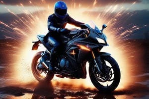 movie cover with action scene, setting and realistic style movie, ultra realistic photo style, without captions or text on the photo, sunset, A guy in an office business suit and a motorcycle helmet does extreme stunts in the mud on a cross bike, many many dirt around, face close-up, (extremely realistic pubic hair:1.7), (high angle shot:1.7), 30-year-old guy, (perfect sculpted cross bike:1.2), (perfect sculpted office business suit:1.2), (perfect sculpted motorcycle helmet:1.2), (very detailed shapely bike), (very detailed shapely office busiess suit), detailed background, ultra-realistic, photorealistic, 8k UHD, DSLR, extra sharp, professional photography, soft lighting, warm lighting, more detail XL, realistic, (NSFW:1.2), best quality, ultra-high resolution, dim light, ultra-detailed, hyperrealistic photography, two legs, two hands, extreme posing, black gloves, lightnings and fog around, maximum atmospheric photo, more rich neon lights and colors, the suit should be an office suit, not a motorcycle suit!, the mud flies in waves and chunks in all directions, spotlights shine,LegendDarkFantasy,glitter,Gigantic breasts,skpleonardostyle,niji5,Explosion Artstyle