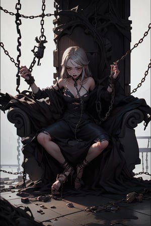prisoner , 1 girl, , tied, chains, tied, chains, 
prison, neckline,nodf_lora, 
Behind bars,damselpose,chained_up,eowyn, 
black hair, torn clothes, chained, bars,  sad face, ¿, tied in chair, open mouth drooling,
drooling, torn suit