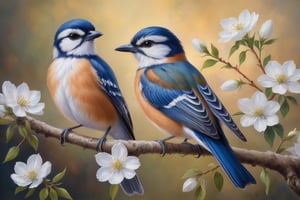 A captivating oil painting of two birds perched closely on a branch, surrounded by delicate, small white flowers. The birds are intricately detailed, with their feathers shimmering subtly in the soft sunlight. The flowers are beautifully rendered, and their subtle hues complement the rich colors of the birds' feathers. The background is a soothing dark blue gradient, allowing the focus to remain on the birds and flowers. The overall mood of the painting is tranquil and serene, evoking a sense of peace and harmony.