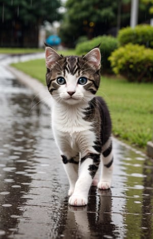 ((anime chibi style)), cute kitten, the kitten walks alone in the rain, wet and looks lonely and pitiful, has big cute eyes, dynamic angle, depth of field