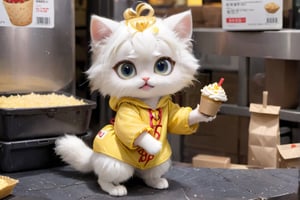 The smallest white kitten in the world, super mini kitten, ((all white fur and big eyes)), this cat is a takeaway worker, wearing a yellow takeout costume, anthropomorphic, photo, classic composition, masterpiece, exquisite, tone Color, stunning visuals, crazy details, intricate details, sharp focus, HD, 8k, --ar 3:4 --q 2 --v 5.1