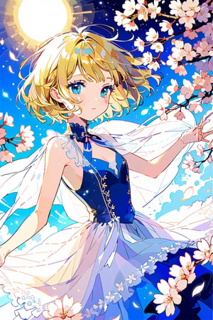 //quality
masterpiece, best quality, aesthetic, 
//Character
blue dresss,
(beautiful face, beautiful details,short yellow hair, big blue eyes),sun lights ,cherry blossom 