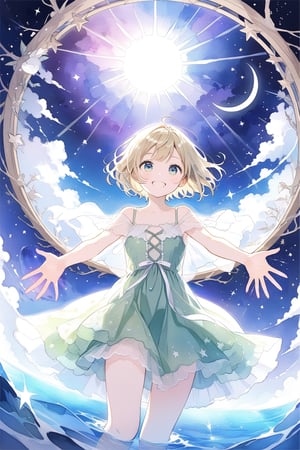 a cute girl reaching starry sky,aurora,The moonlight shines on the face,Mirror-like water,Mare's nest,Look up at the stars,masterpiece, best quality, aesthetic، in Daybreak Purple sky The appearance of a sun streak A girl with short blond hair, wearing a green dress, blue eyes, smiling 