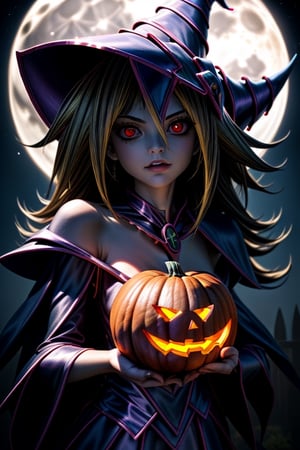 illustration of the dark magician girl ((dark magician girl)) as a witch ((witch)) in front of the moon, with red eyes, holding a halloween pumpkin in her hands scary and realistic illustration ((realistic illustration))