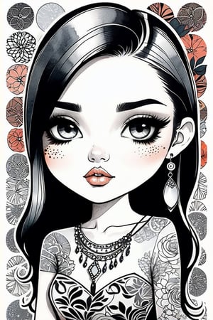 Fashion Ink Drawing chibi blythe, beautiful woman, half body,texture,collage ,ceramic,ink color style ,Comic book,cartoon,intricate details,sharp focus,3d,double exposure, high resolution,by Luiza Lima