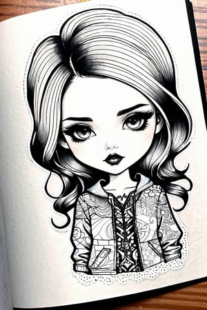Fashion Ink Drawing chibi blythe, beautiful woman, half body,texture,collage ,ceramic,ink color style ,Comic book,cartoon,intricate details,sharp focus,3d,double exposure, high resolution,by Luiza Lima
