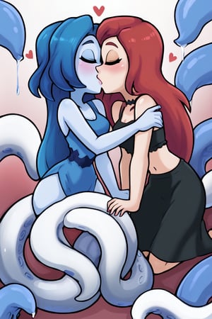 chelsea a white girl red hair and cute face wearing a blue blouse kissing a kraken girl with blue skin, BLUE hair like tentacles and cartoon style, 2 girls, kissing lesbian, FULL BODY
