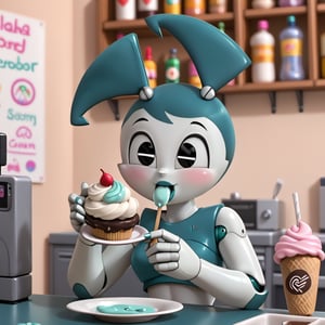 A ROBOT GIRL EATING ICECREAM
