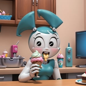 A ROBOT GIRL EATING ICECREAM
