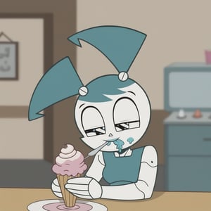 A ROBOT GIRL EATING ICECREAM
